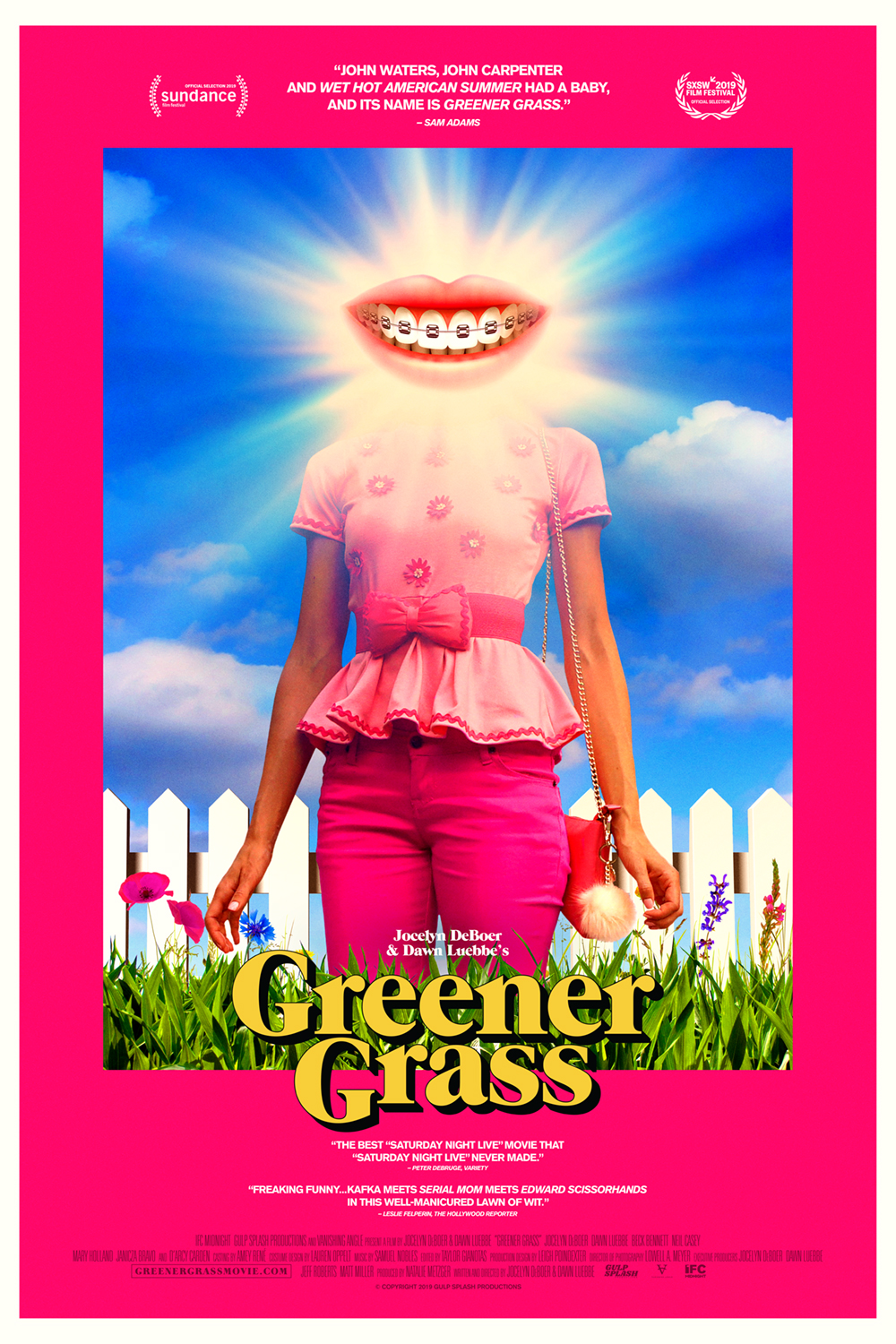 Movie Poster for Greener Grass, woman with a mouth as a head standing in front of white picket fence