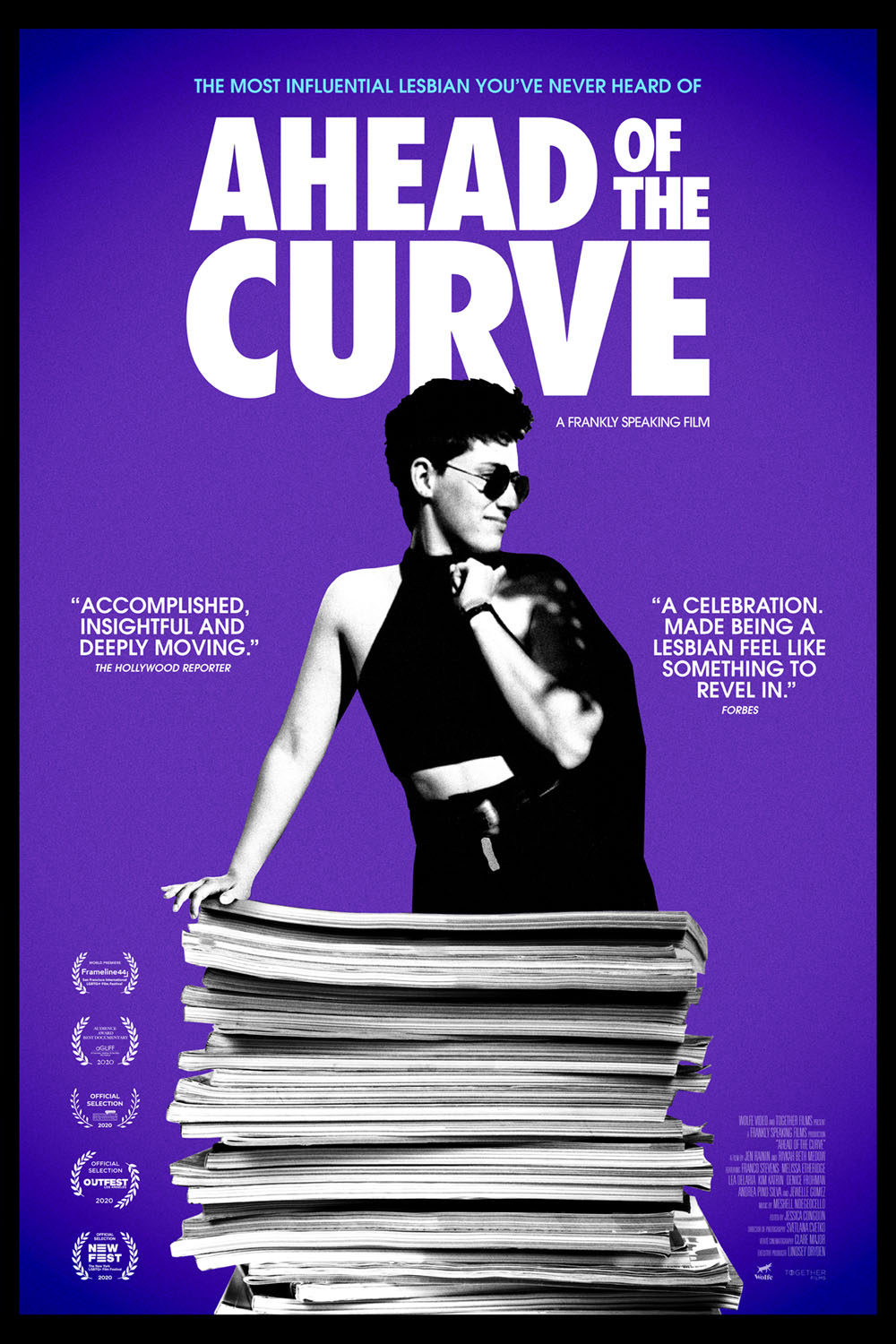 Movie poster for Ahead of the Curve, woman leaning on stack of mnagazines