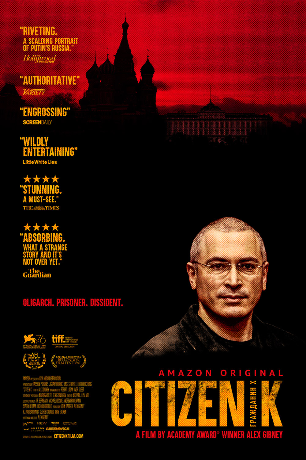 Movie poster for Citizen K, Mikhail Khodorkovsky in front of silhouette of Moscow