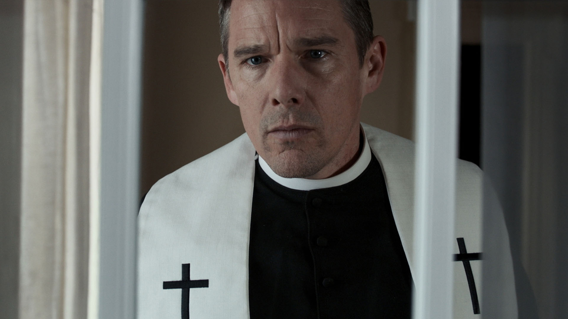 Trailer still frame from First Reformed, priest