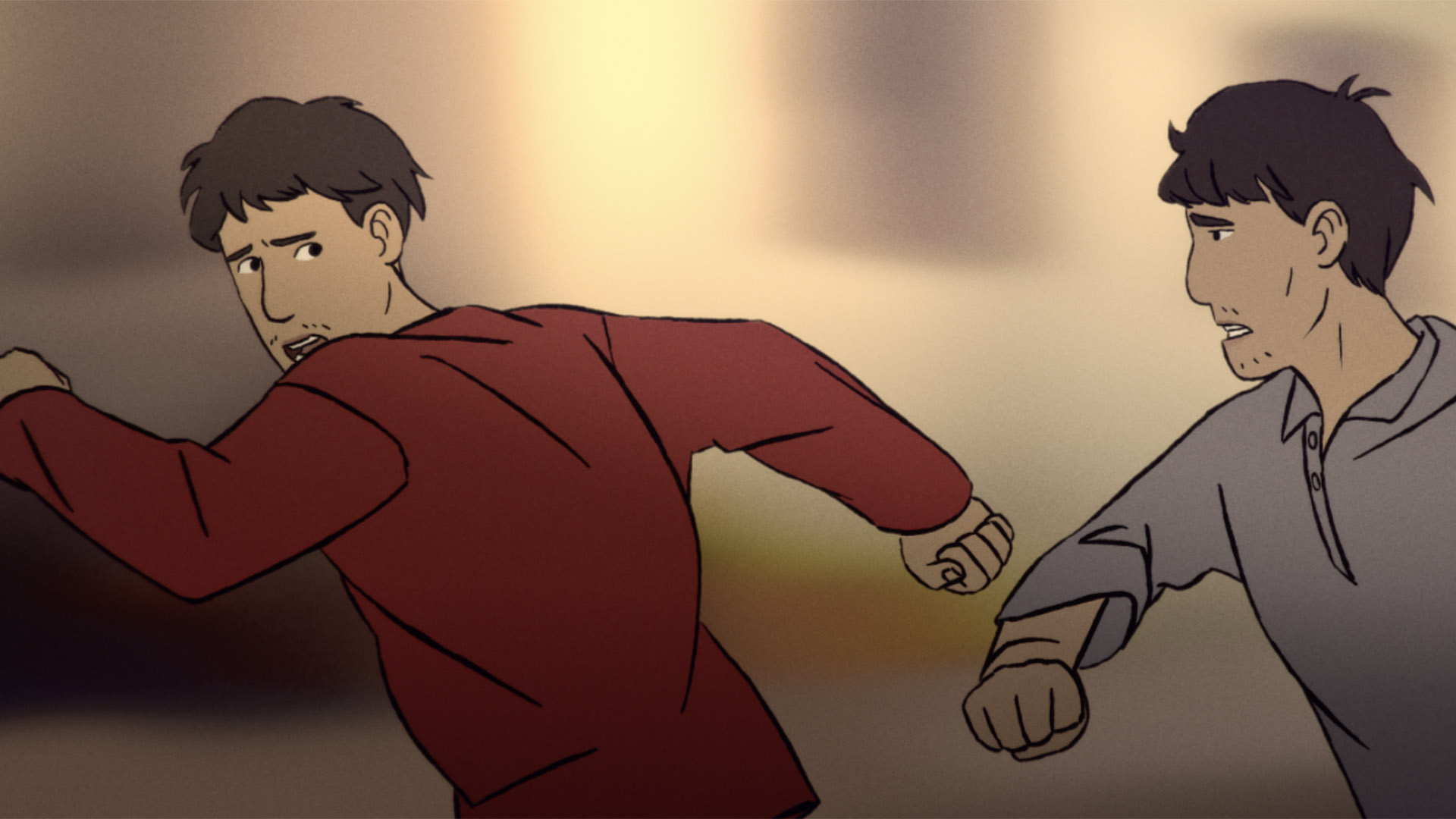 Trailer still frame from Flee, two men running animated