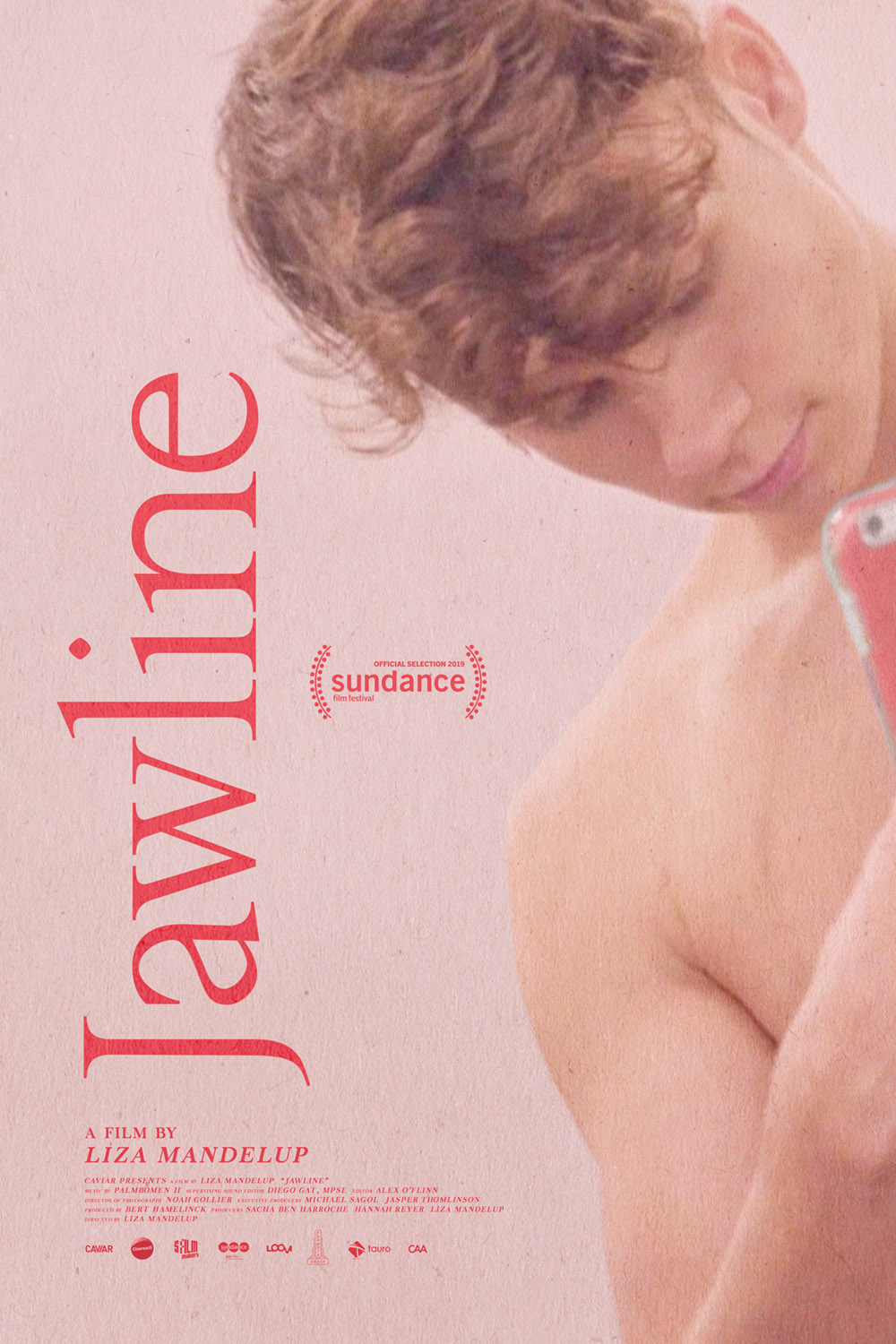 Movie poster for Jawline, shirtless man taking picture on phone