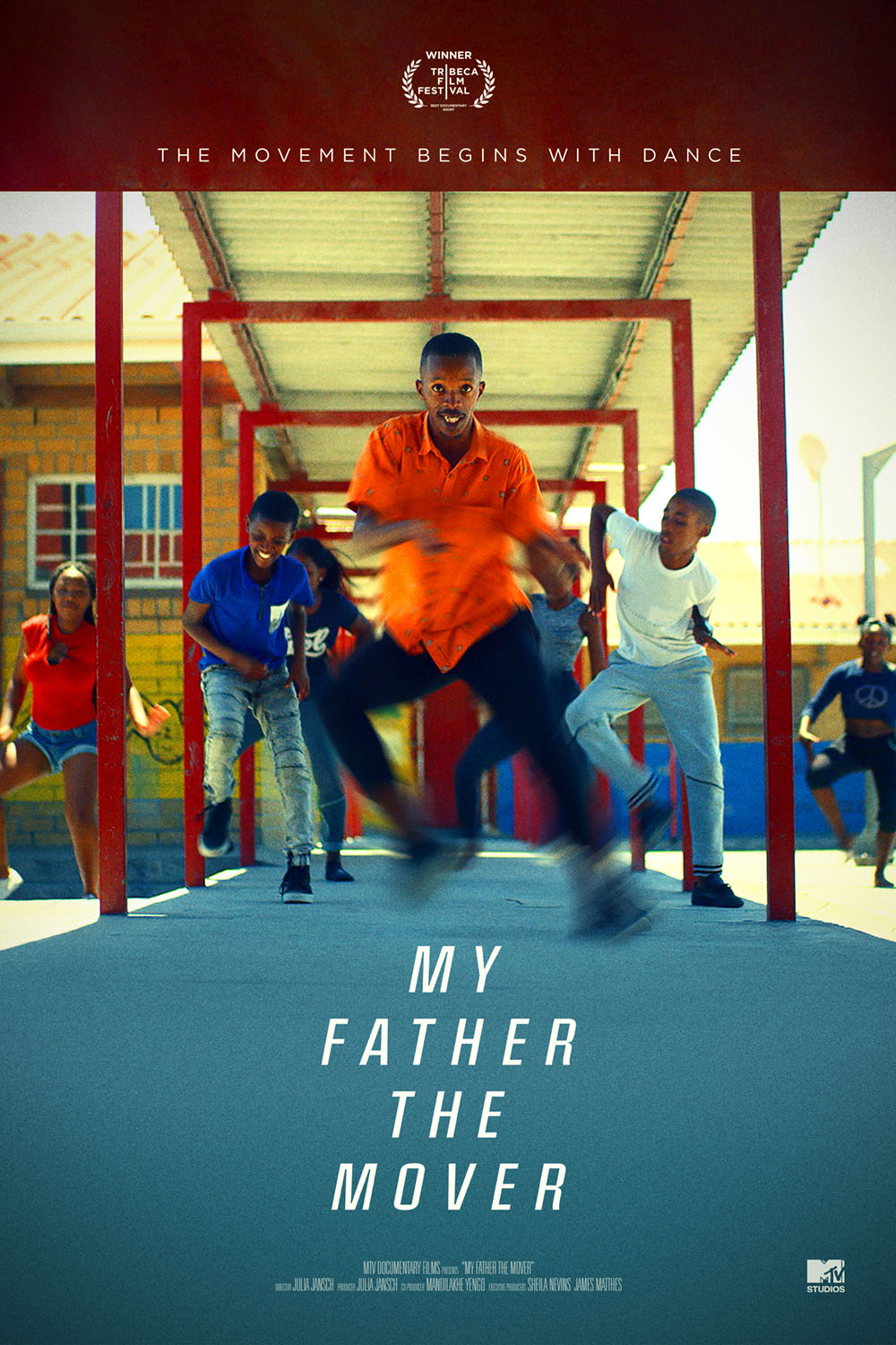 Movie poster for My Father The Mover, man and children dancing in school yard