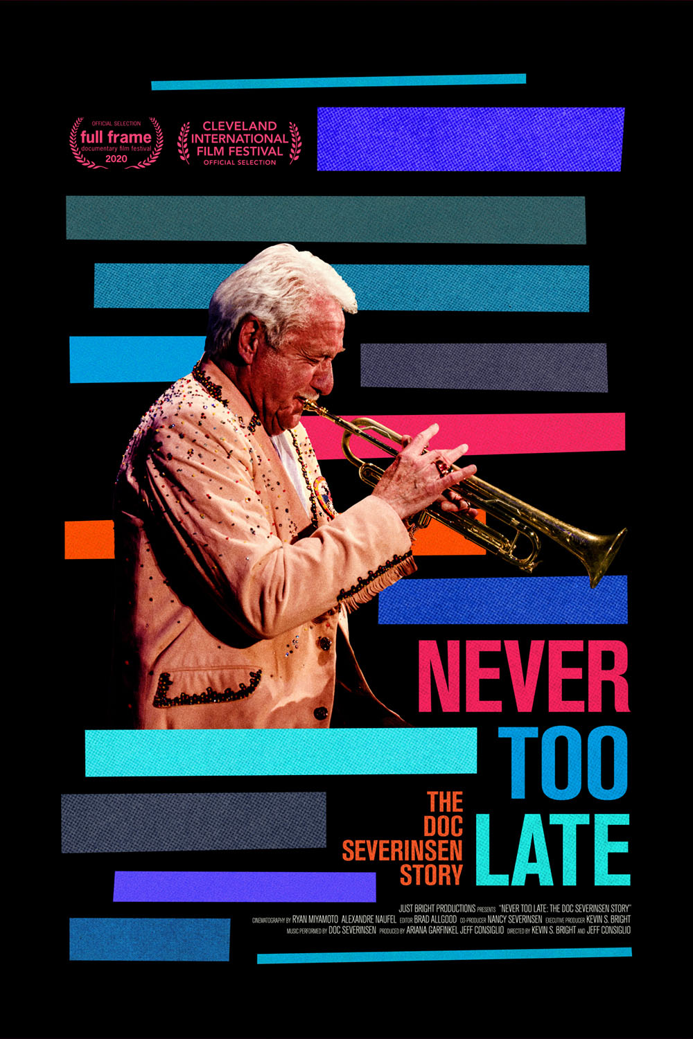 Movie poster for Never Too Late, Doc Severinsen playing trumpet