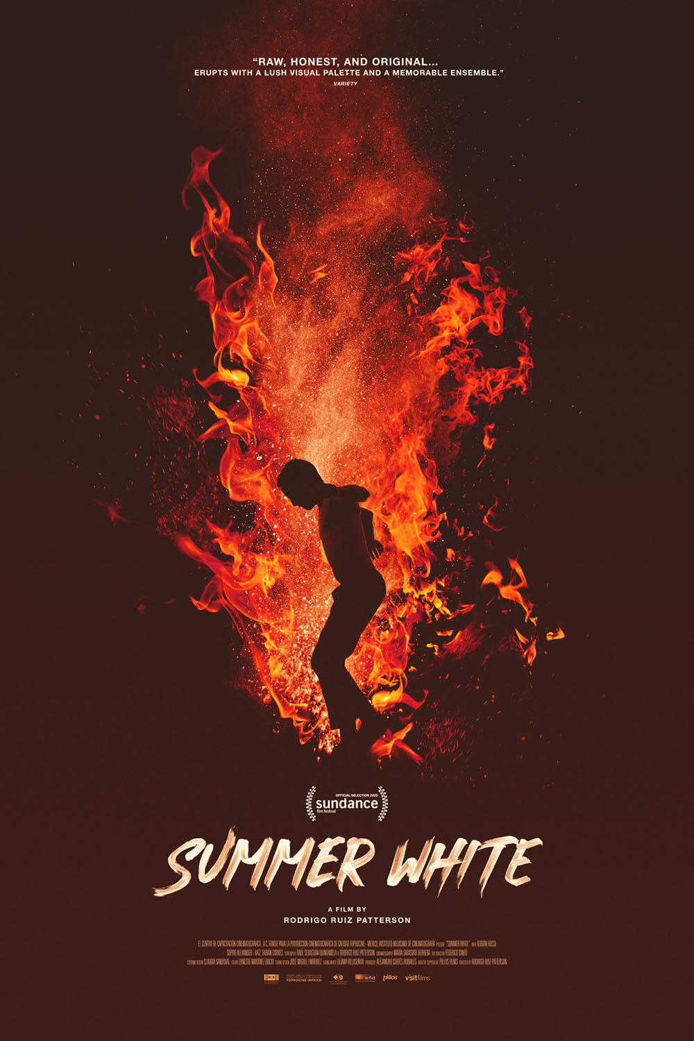Movie poster for Summer White, figure standing in flames