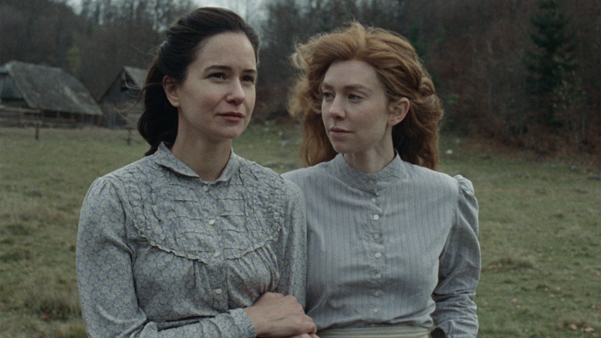 Trailer still frame from The World to Come, two women on farm