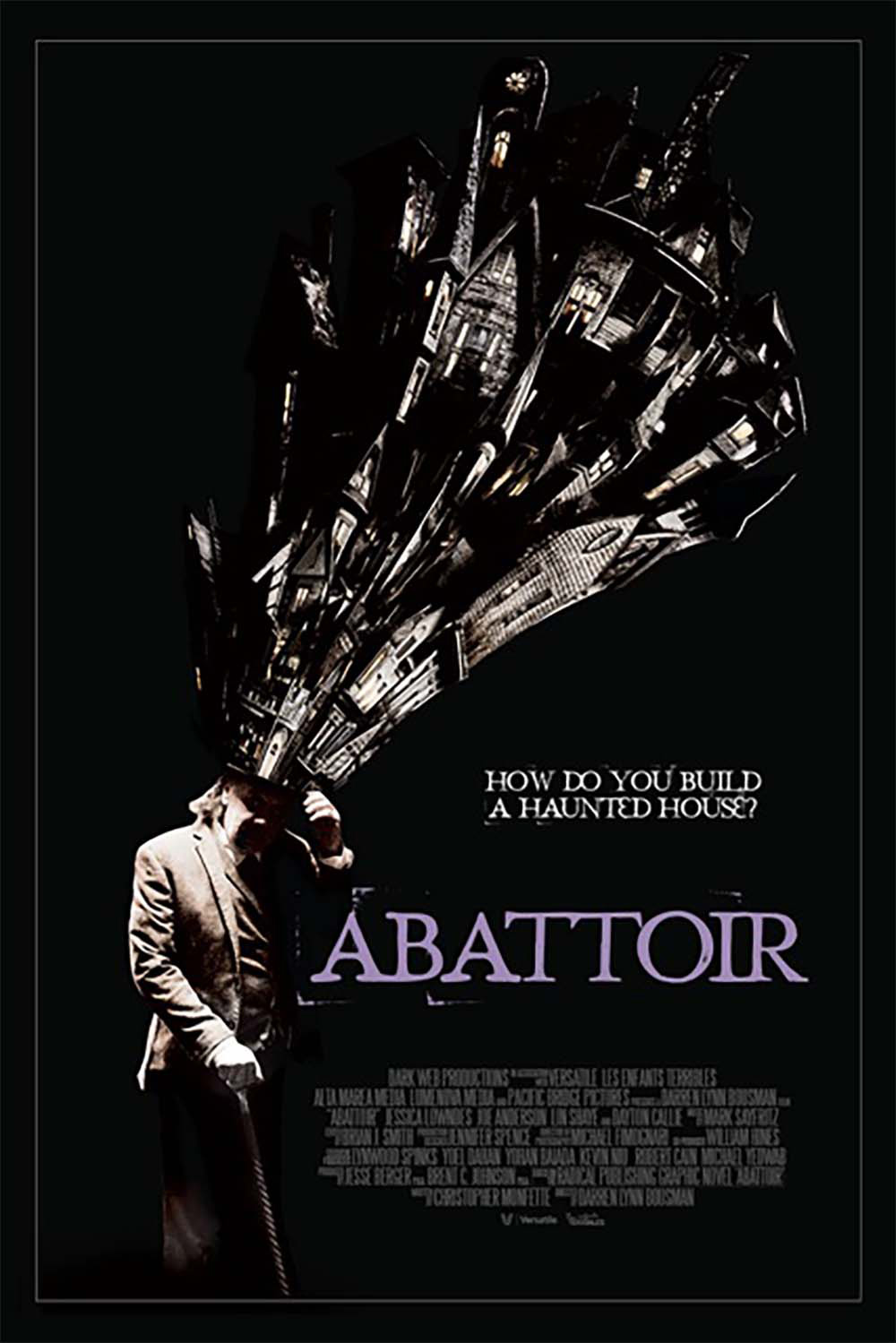 Movie poster for Abattoir, man standing with houses coming from head