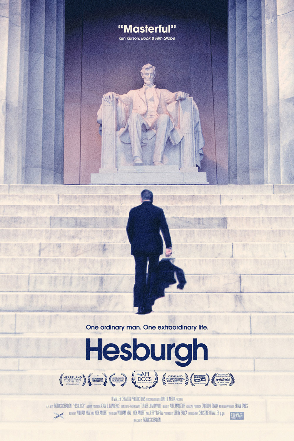 Movie poster for Hesburgh, Theodore Hesburgh walking up Lincoln memorial