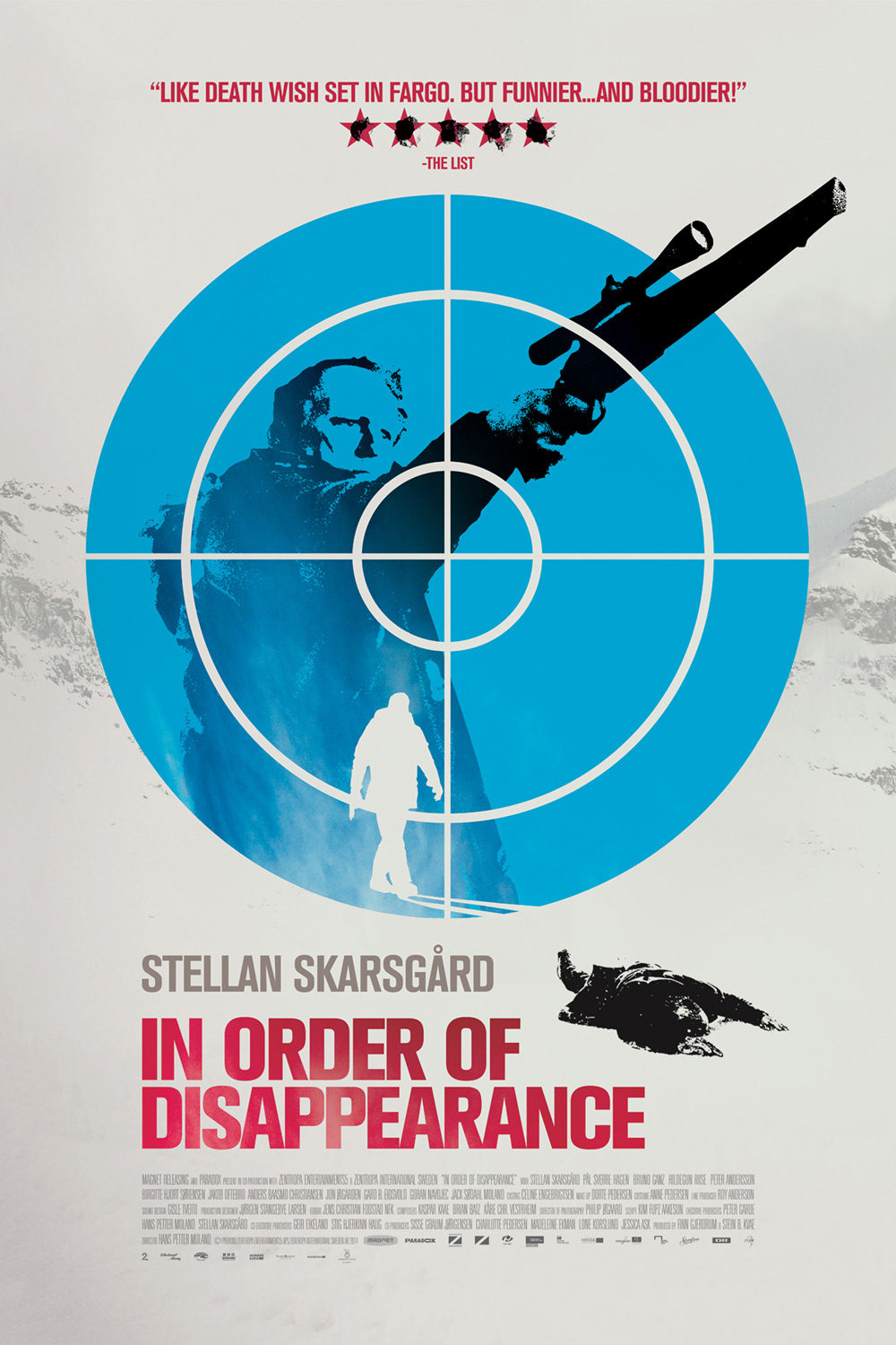 Movie poster for In Order of Disappearance, man in target holding rifle
