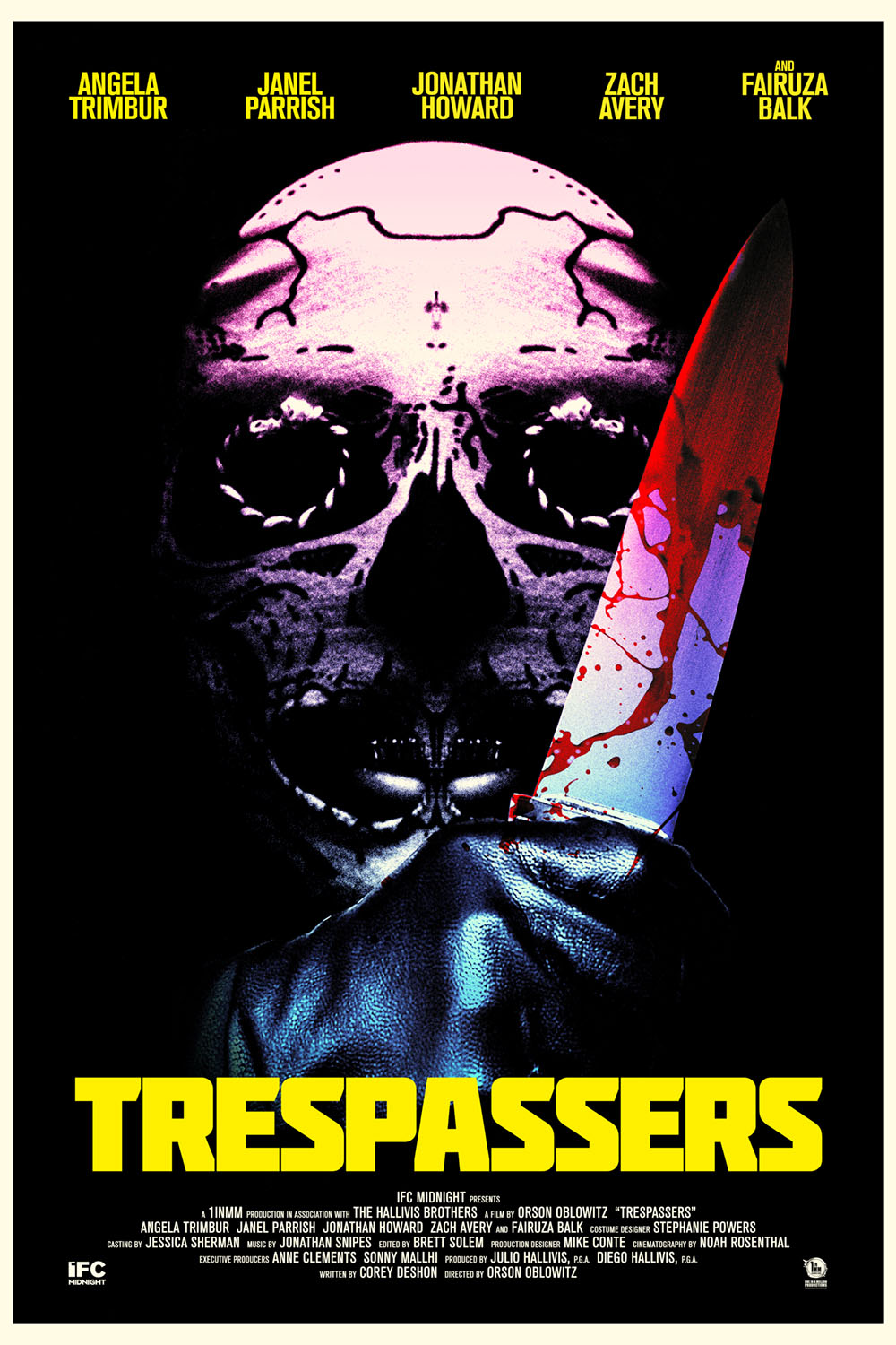 Movie poster for Trespassers, figure in skull mask holding bloody knife