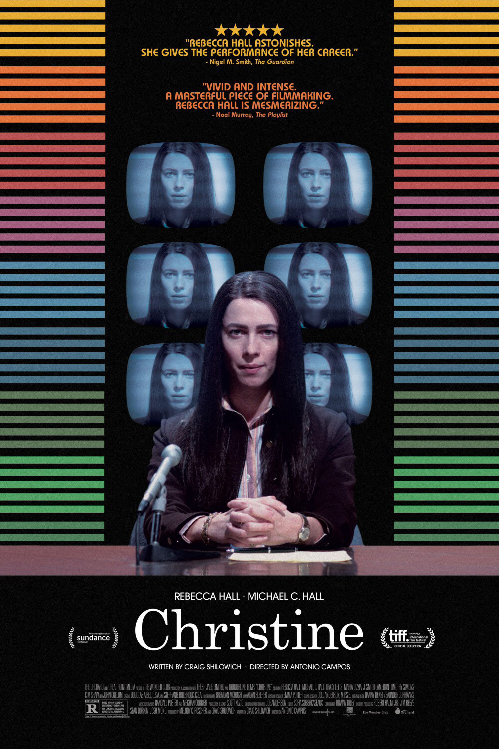 Movie poster for Christine, woman at microphone in front of tv screens