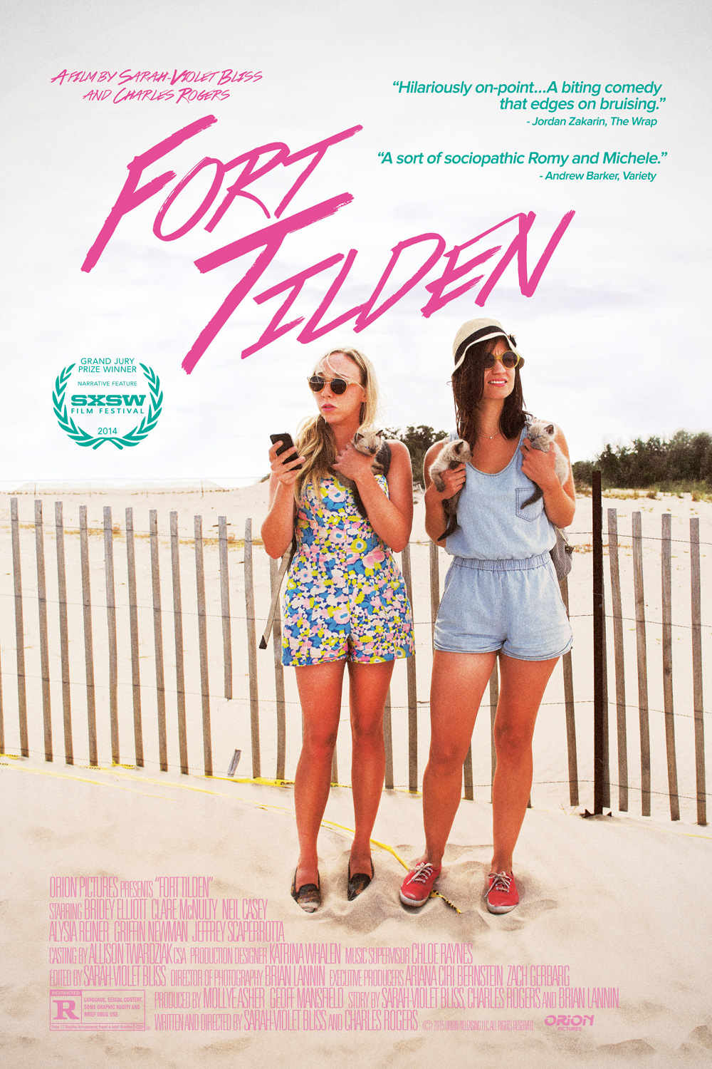 Movie poster for Fort Tilden, two woman standing on beach holding kittens