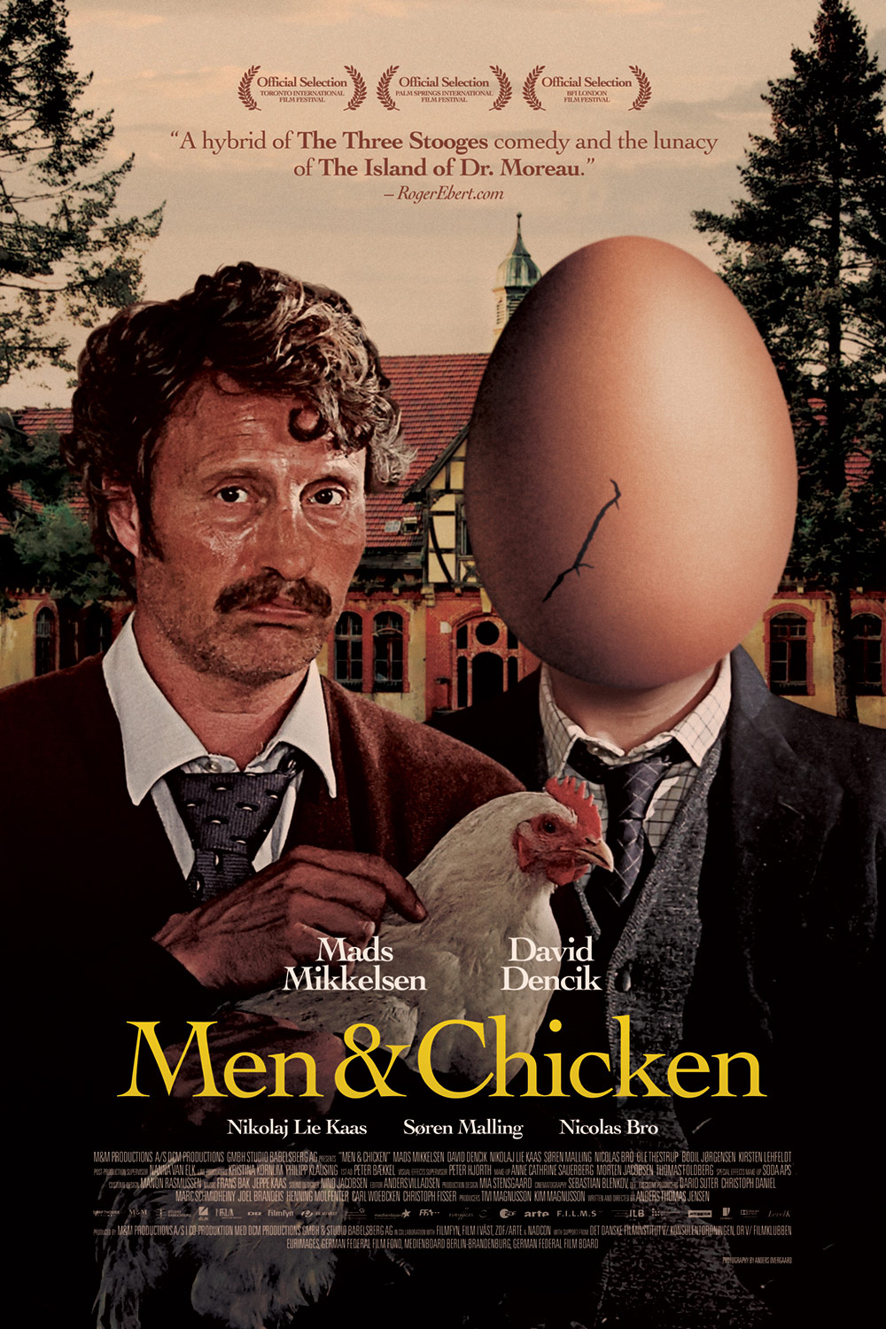 Movie poster for Men & Chicken, man holding chicken next to man with an egg as a head