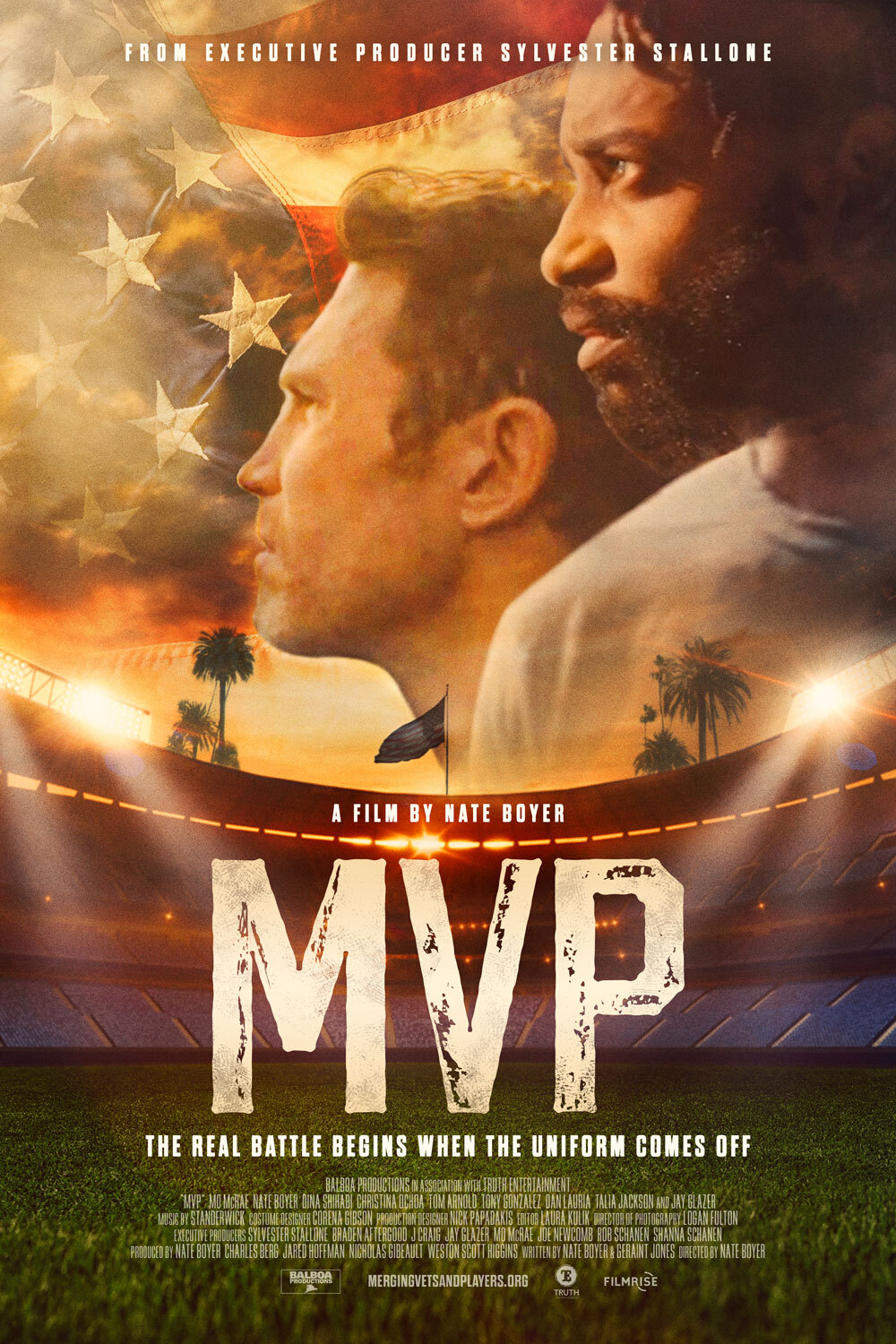 Movie poster for MVP, two men in front of American Flag above football field