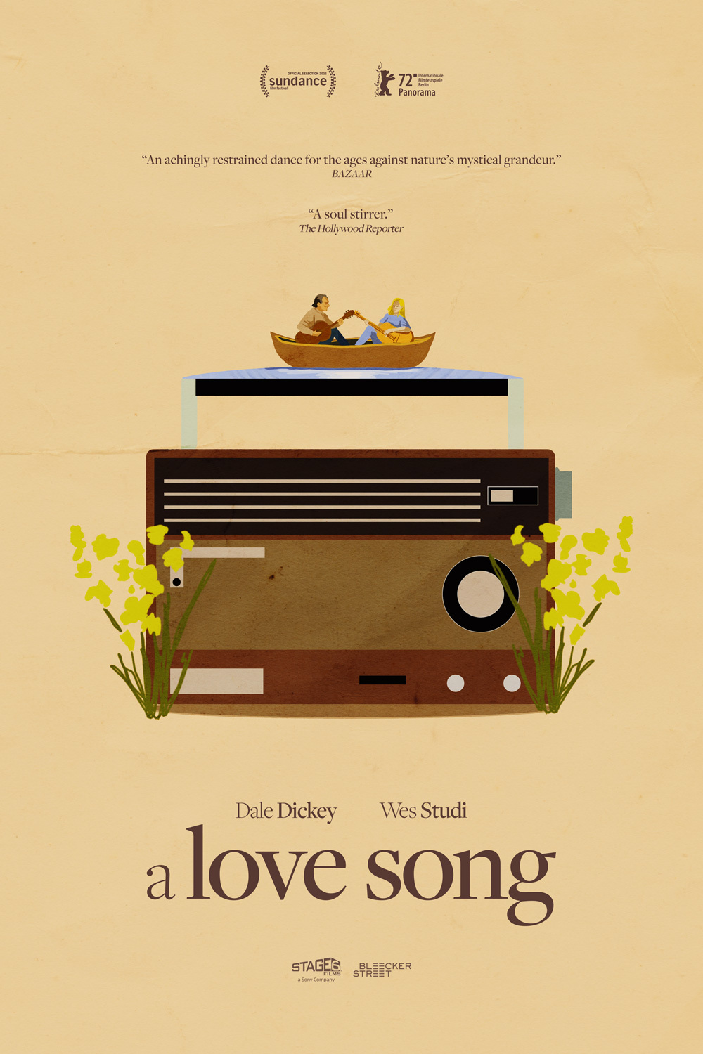 Movie poster for A Love Song, drawing of man and woman playing guitar in a boat on top of a radio