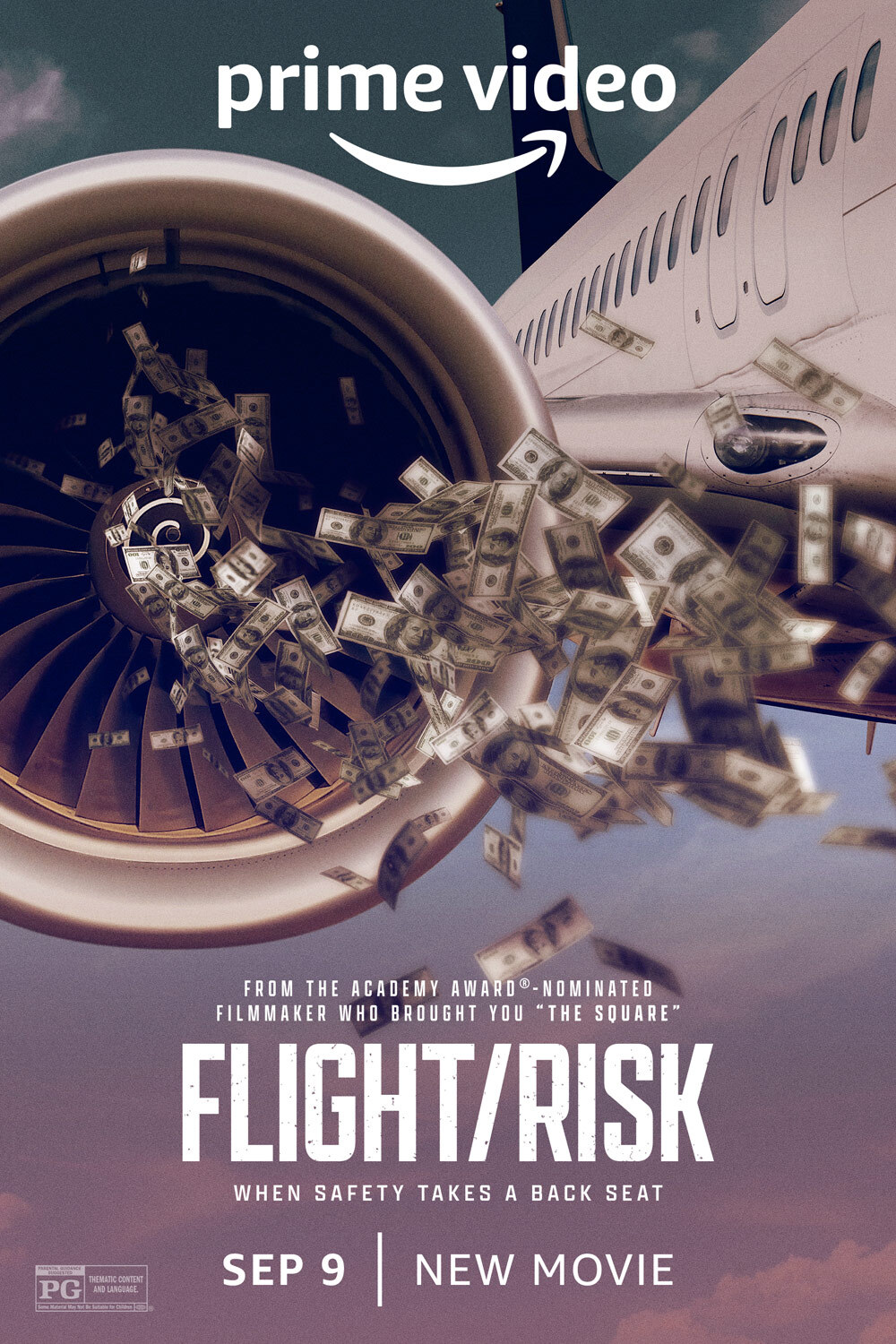 Movie poster for Flight/Risk, money flying into a plane engine