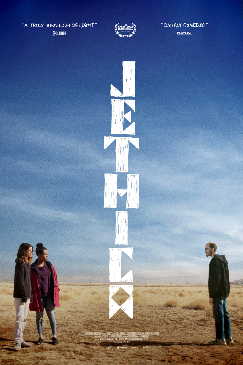 Movie poster for Jethica, two woman standing across from man in desert