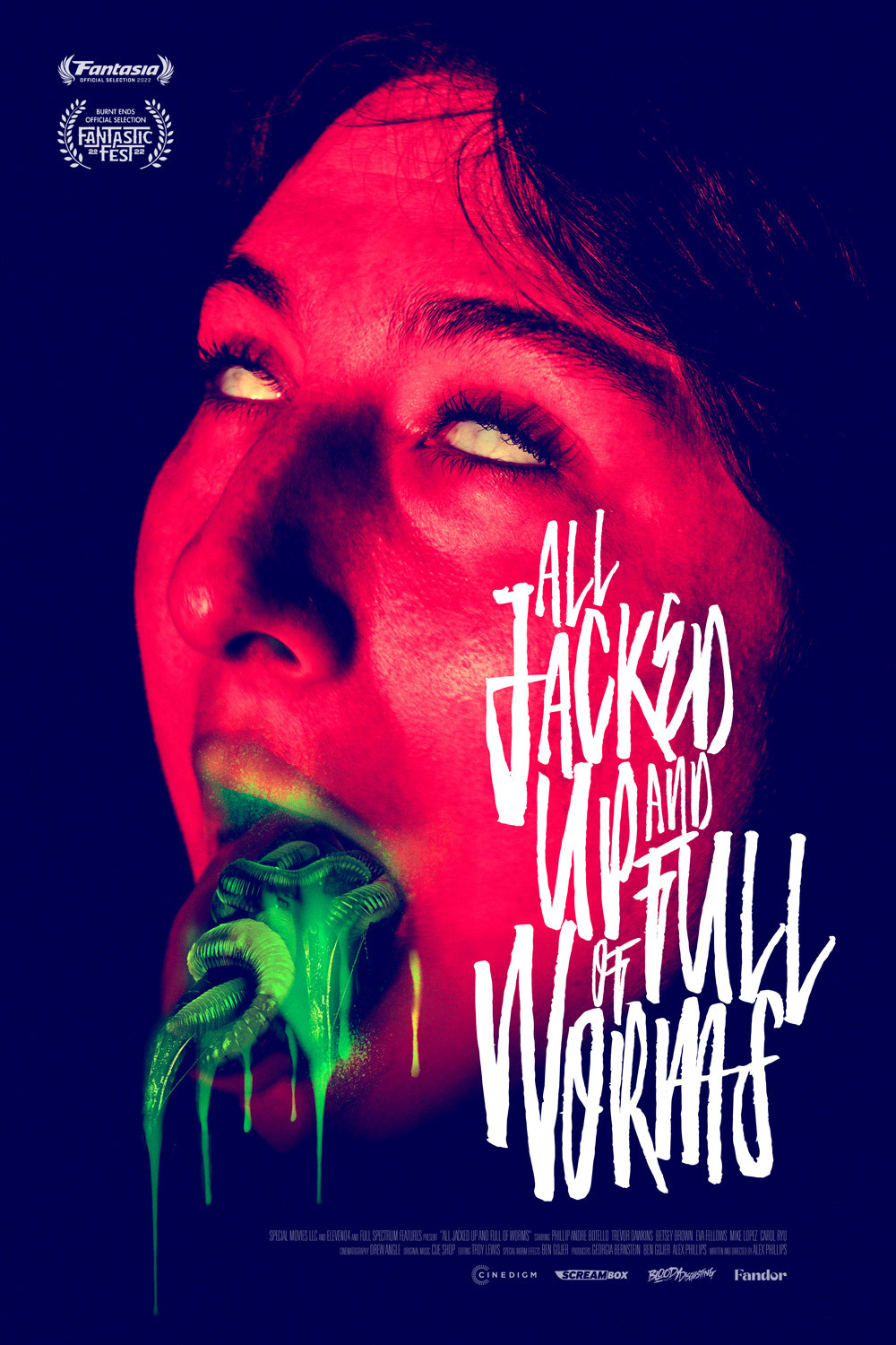 Movie Poster for All Jacked Up And Full Of Worms, woman with green worms in mouth