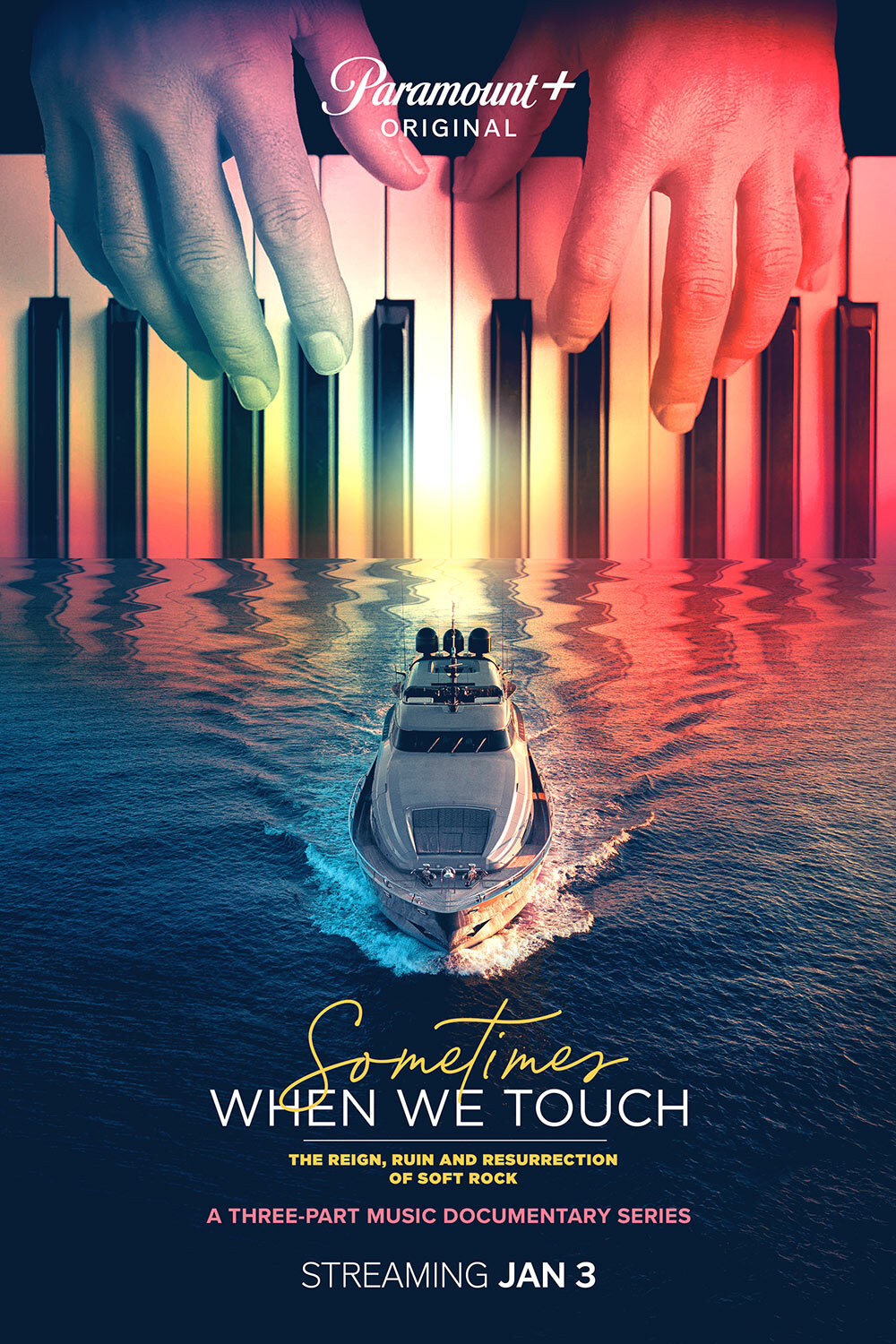 Movie poster for Sometimes When We Touch, keyboard player on top of sailing yacht