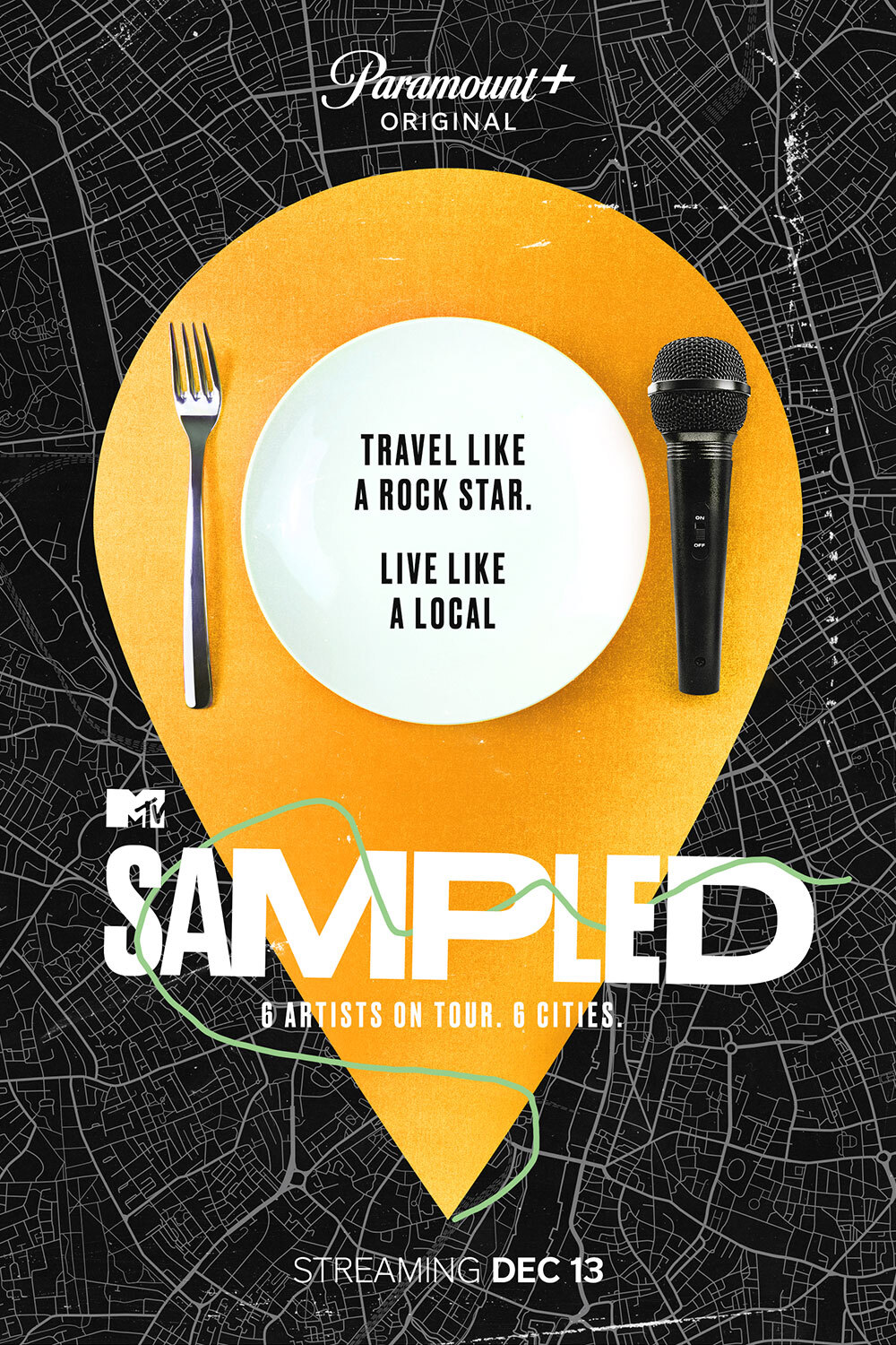 Movie poster for Sampled, GPS waypoint and plate with fork and microphone