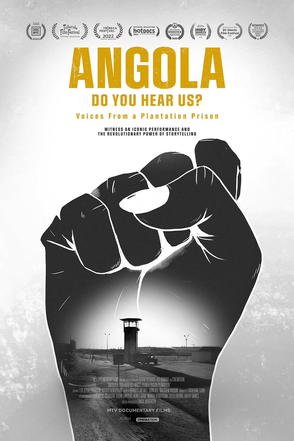 Movie poster for Angola: Do You Hear Us? Image of a prison in outline of fist