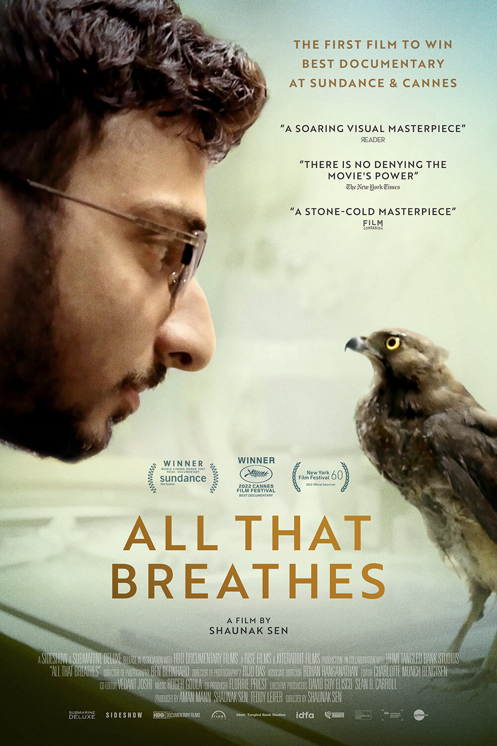 Movie poster for All That Breathes, man face to face with bird