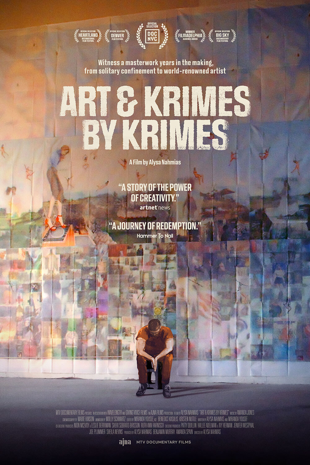 Movie poster for Art & Krimes By Krimes, man kneeling in front of artwork