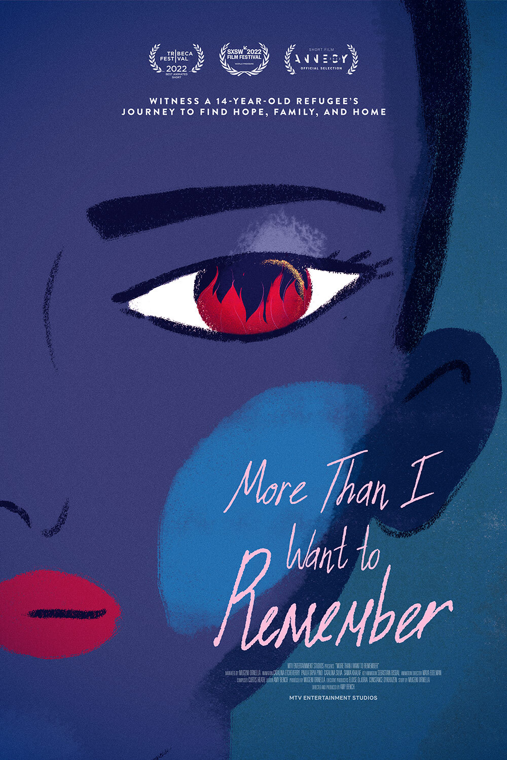 Movie poster for More Than I Want to Remember, drawing of young woman with flames in eye