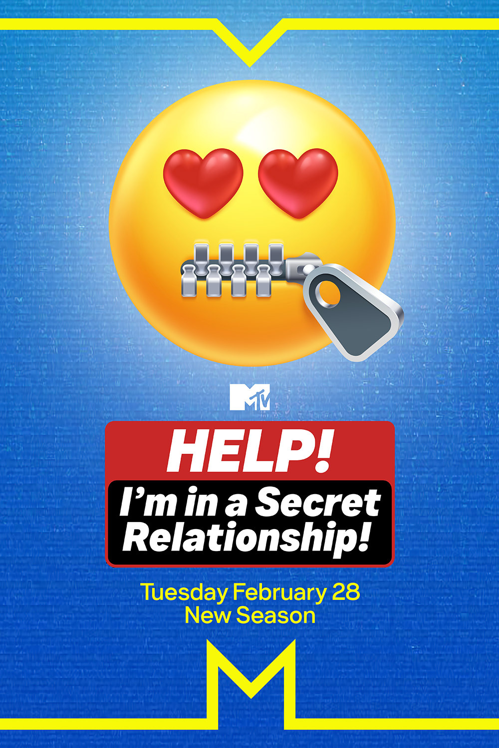 Television poster for Help! I'm in a Secret Relationship, heart eyes emoji with zipper as mouth