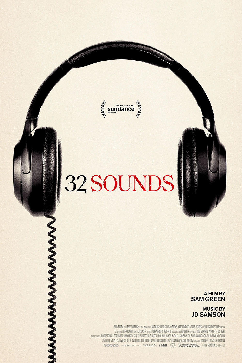 Movie poster for 32 Sounds, 32 Sounds title and headphones