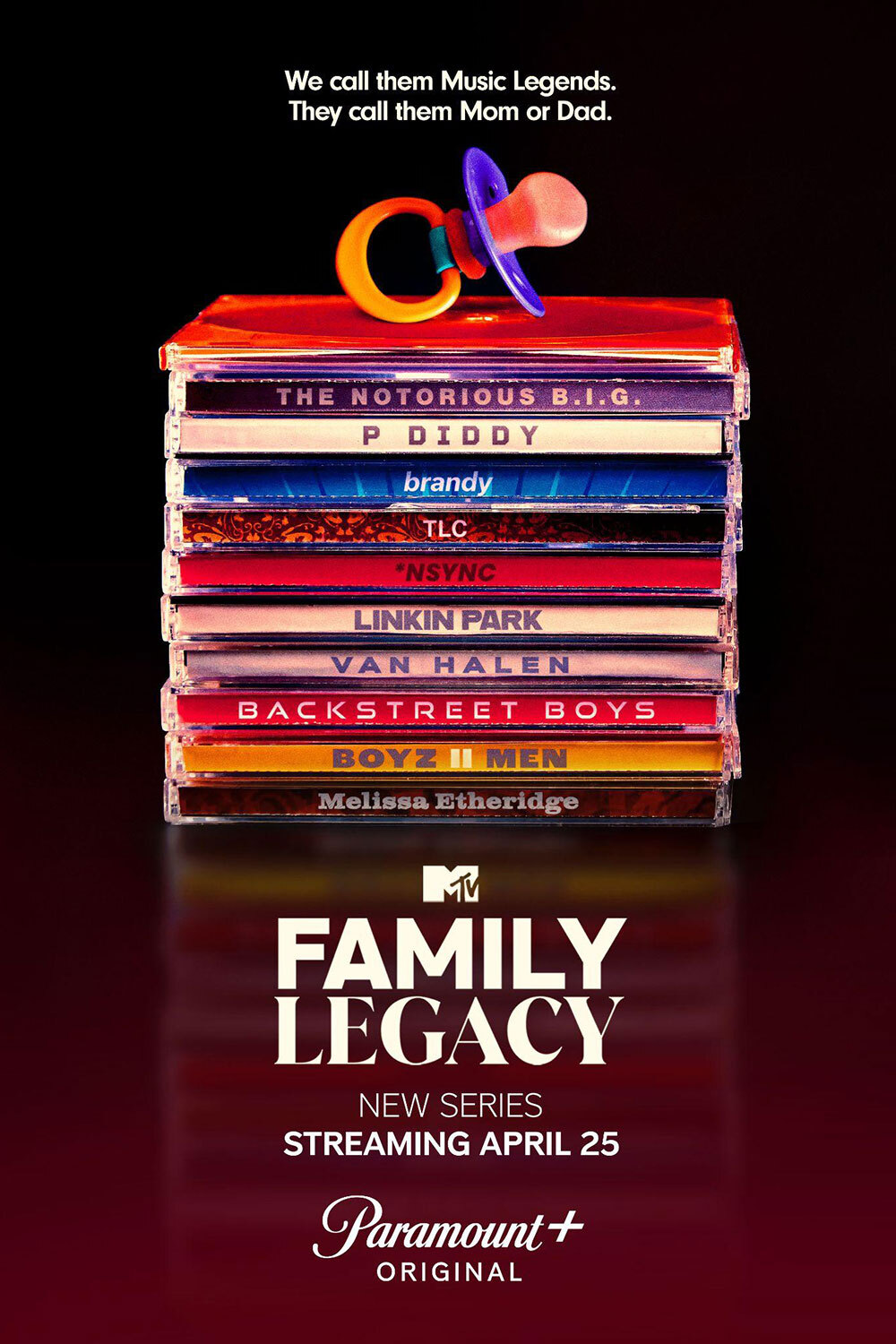 Movie poster for Family Legacy, pacifier on top of stack of CDs