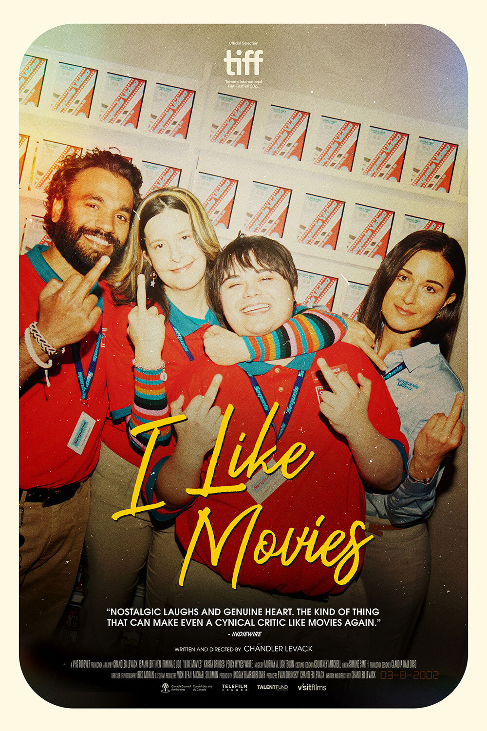 Movie poster for I Like Movies, store workers holding up middle finger