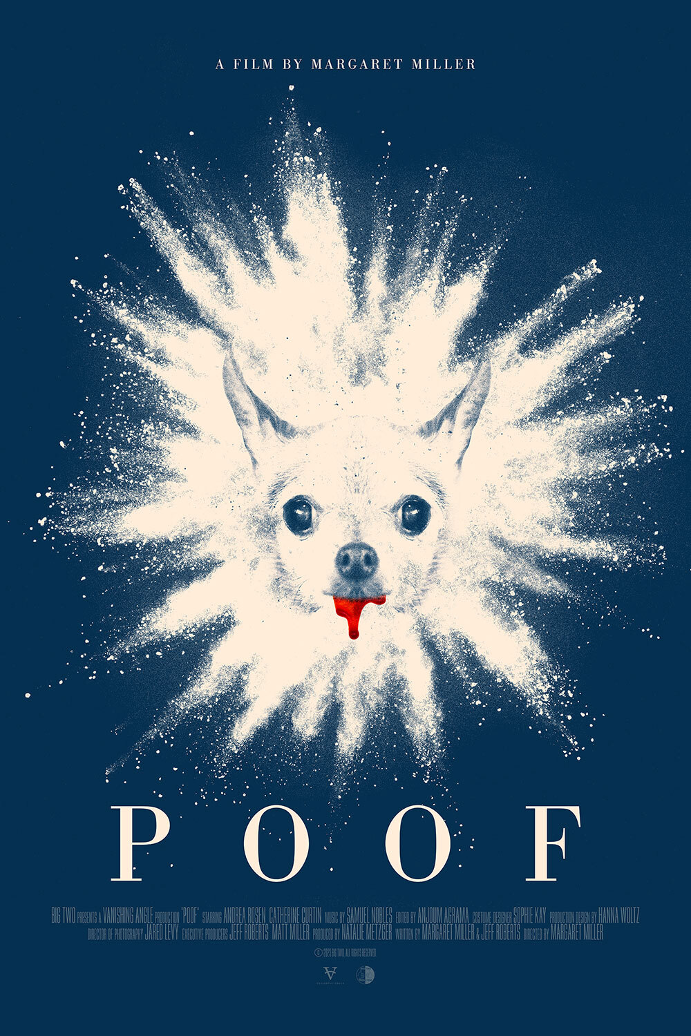 Movie poster for Poof, white dog in powder bleeding from mouth