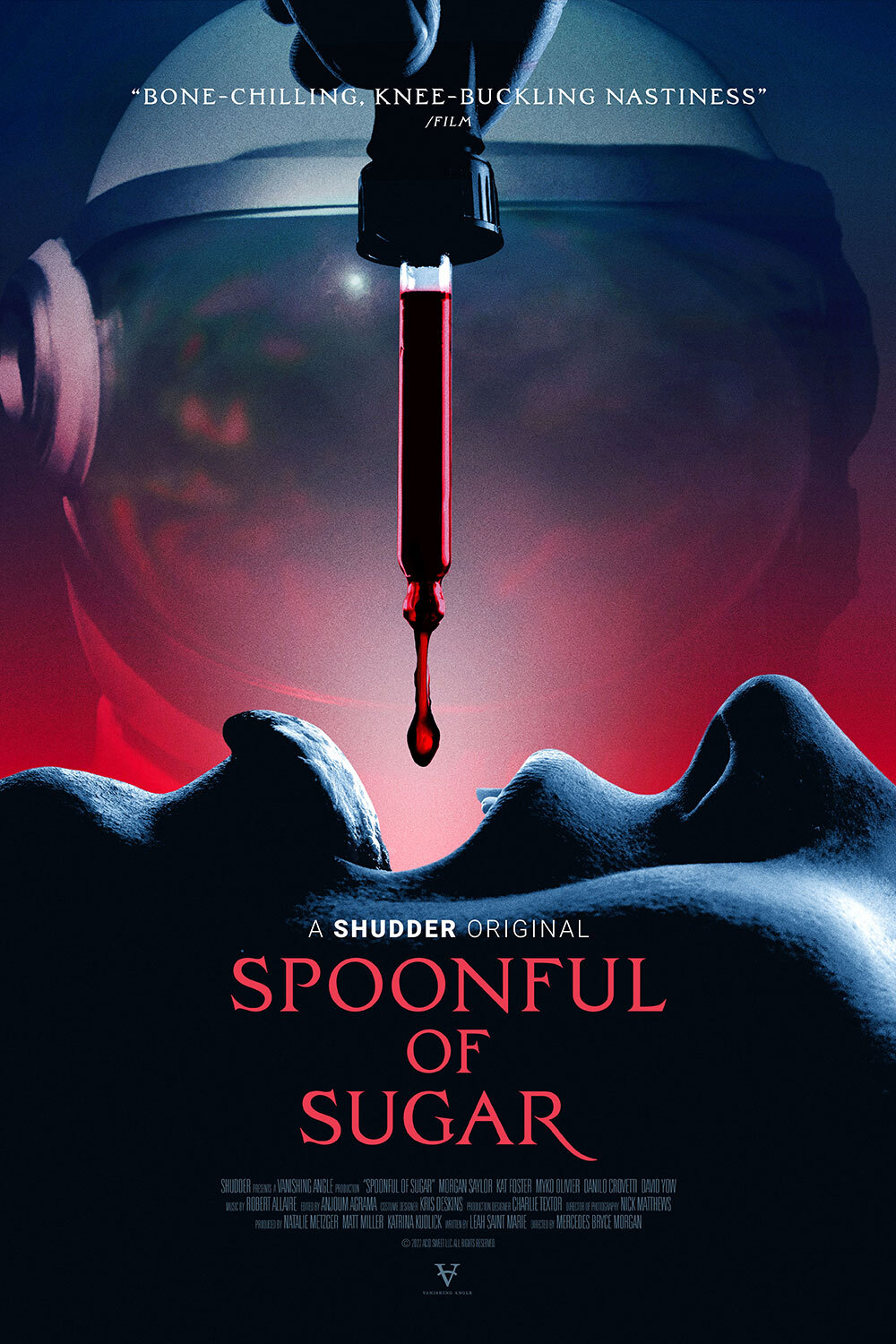 Movie poster for Spoonful of Sugar, medicine dropper dropping blood into open mouth