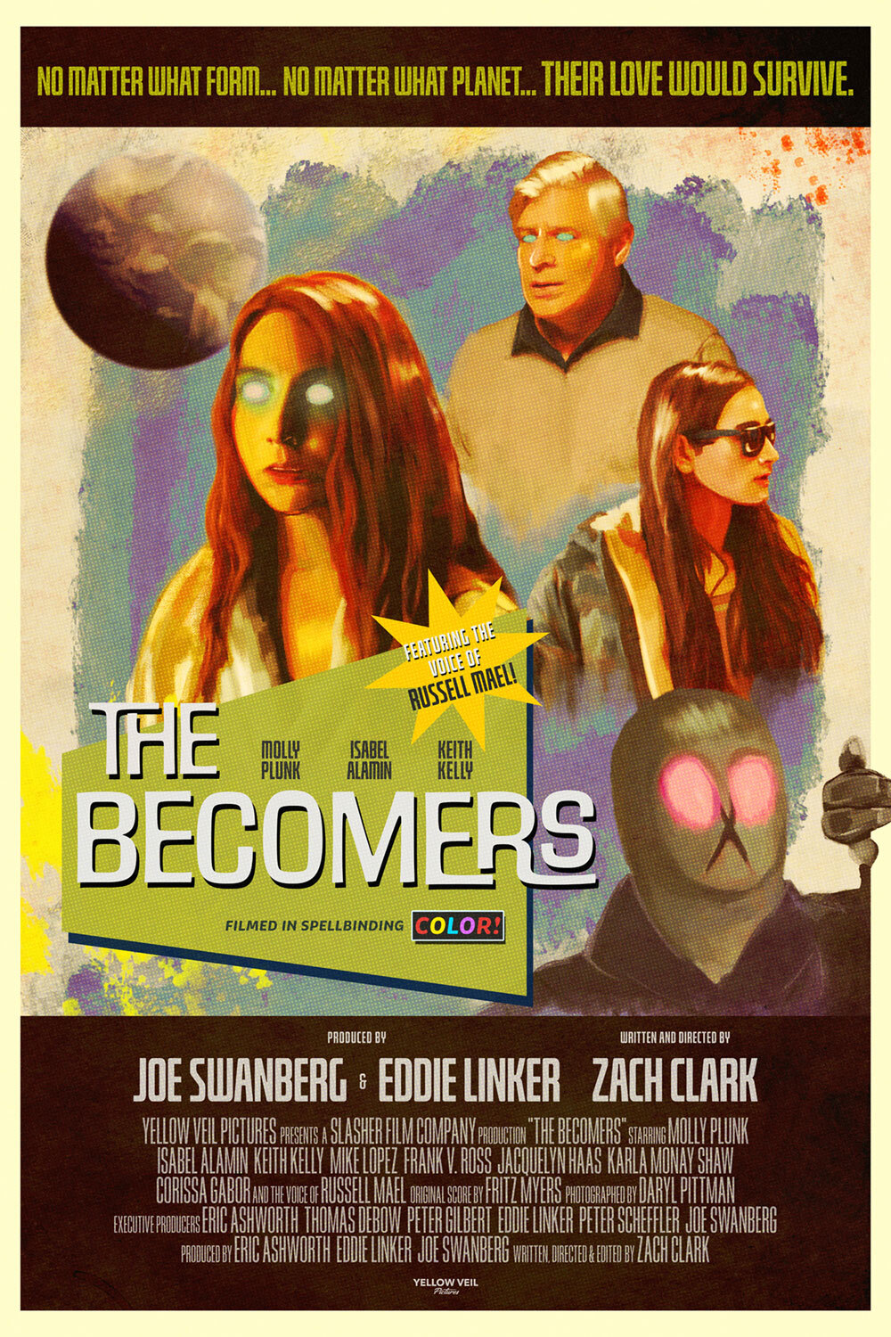 Movie poster for The Becomers, collage of characters with glowing eyes