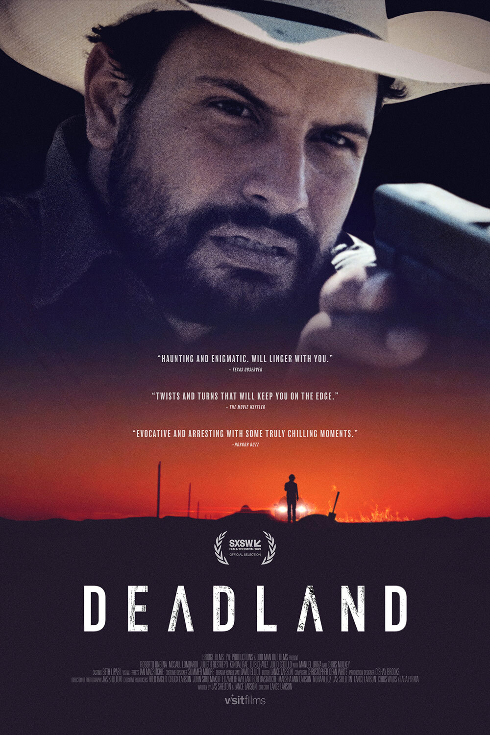 Movie poster for Deadland, man with cowboy hat holding a gun over a sunset