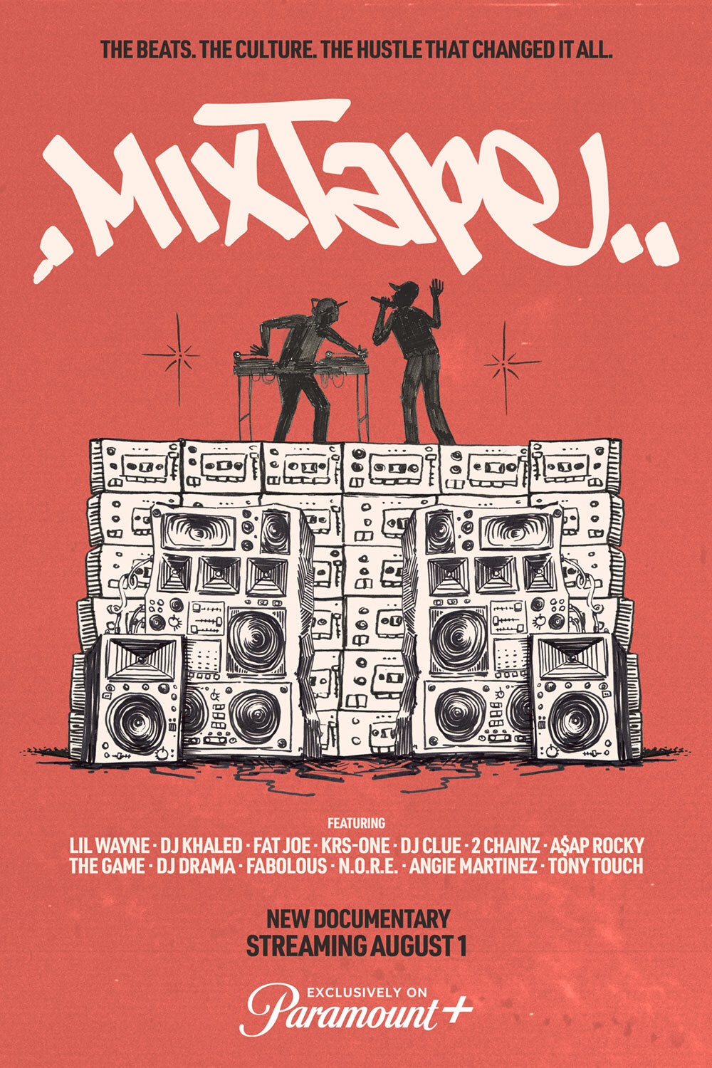 Movie poster for Mixtape, drawing of two musicians on top of sound system