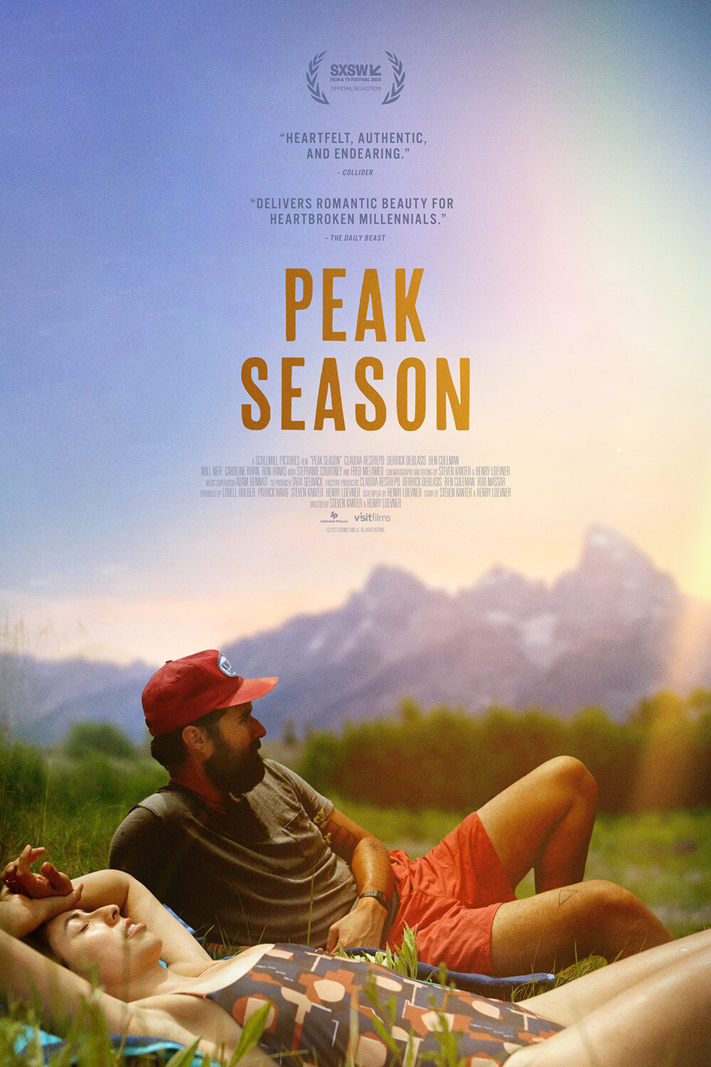 Movie poster for Peak Season, man and woman laying in field with mountains