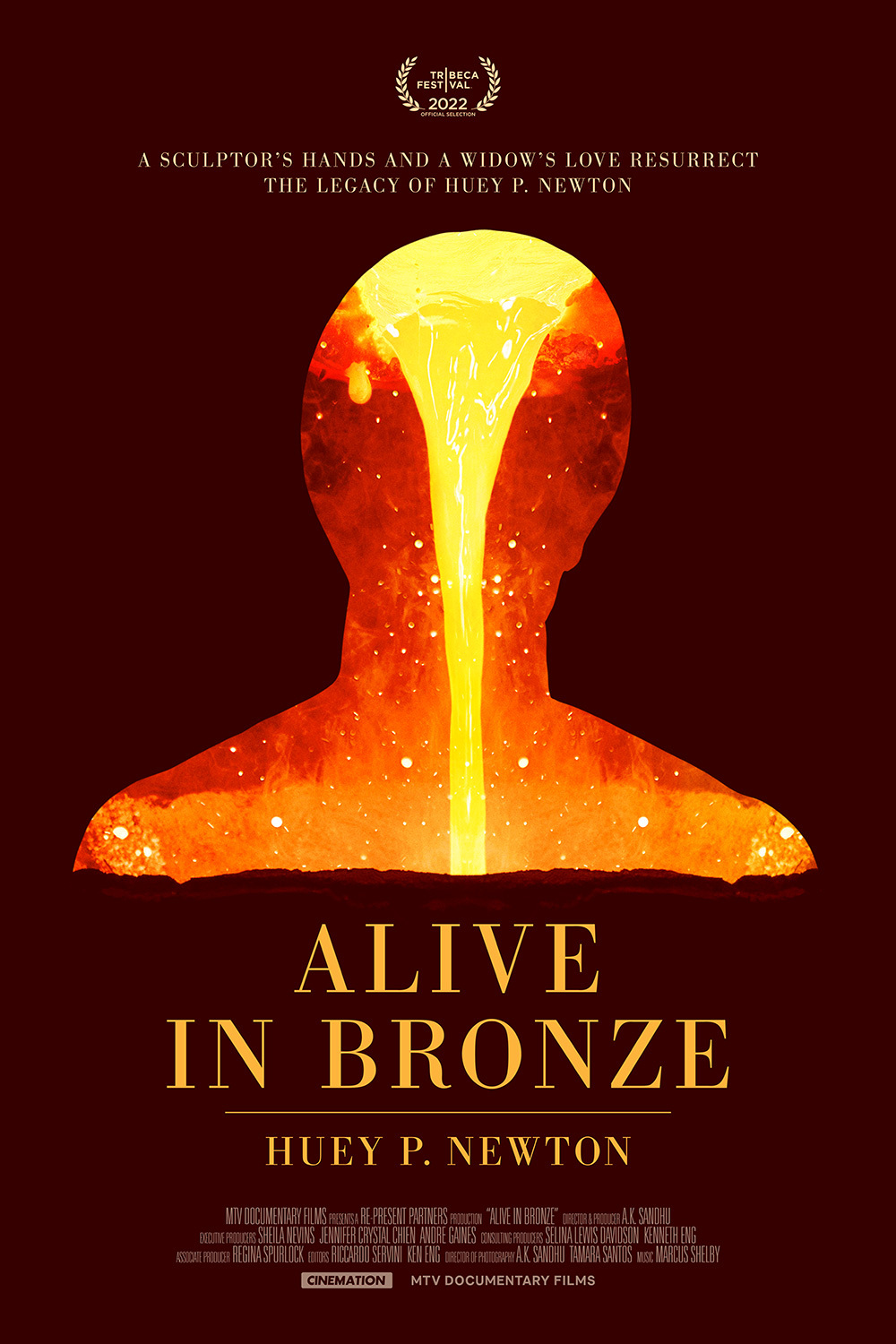 Movie poster for Alive in Bronze, molten bronze in silhouette of a man