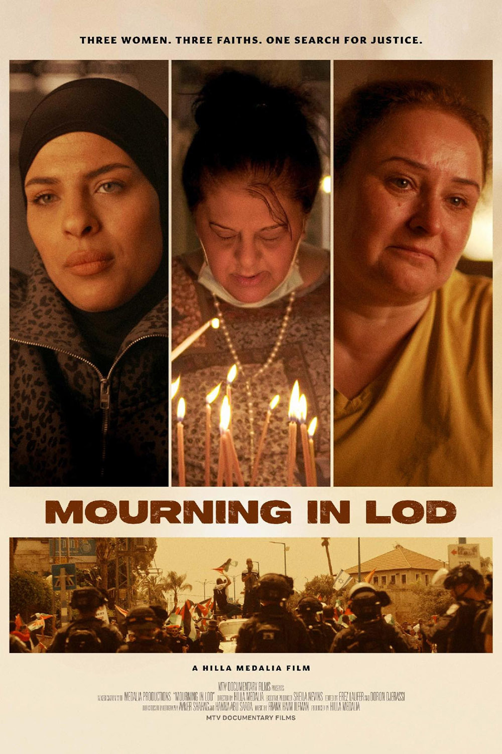 Movie poster for Mourning in Lod, three women and image of protest