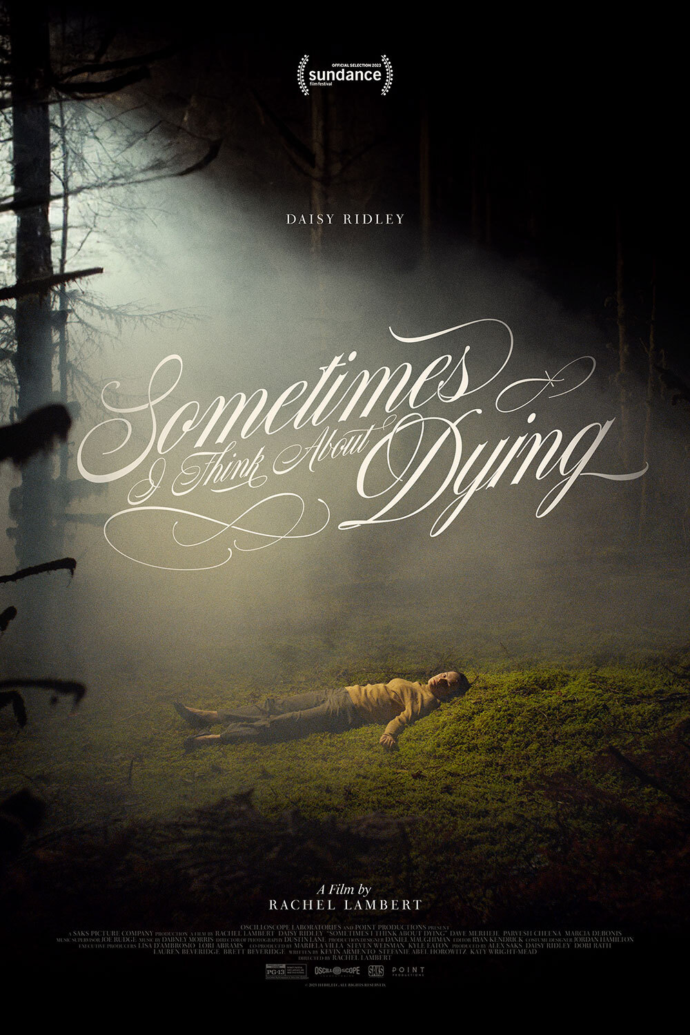 Movie poster for Sometimes I Think About Dying, woman laying dead in a forest